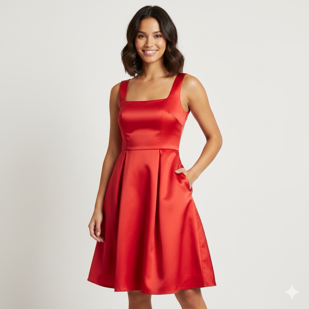 Nine West Red Satin Fit Flare Cocktail Dress Pockets Prom Party Wedding Guest 8